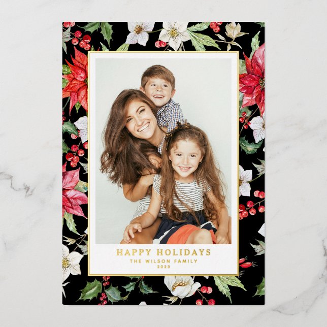 Festive Winter Floral Pattern Black Photo Foil Holiday Card (Front)