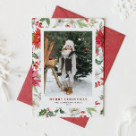 Festive Winter Floral Pattern Christmas Photo Holiday Card<br><div class="desc">Merry Christmas! Give warm holiday greetings to your family and friends with this customizable photo Christmas flat card. It features watercolor botanical pattern of red poinsettia, winterberries, holies, paperwhites and greenery accents. Personalize this watercolor Christmas card by adding your own details. This floral Christmas card is available in a variety...</div>