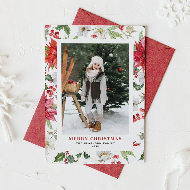 Festive Winter Floral Pattern Christmas Photo Holiday Card (Festive Winter Floral Pattern Christmas Photo Holiday Card)