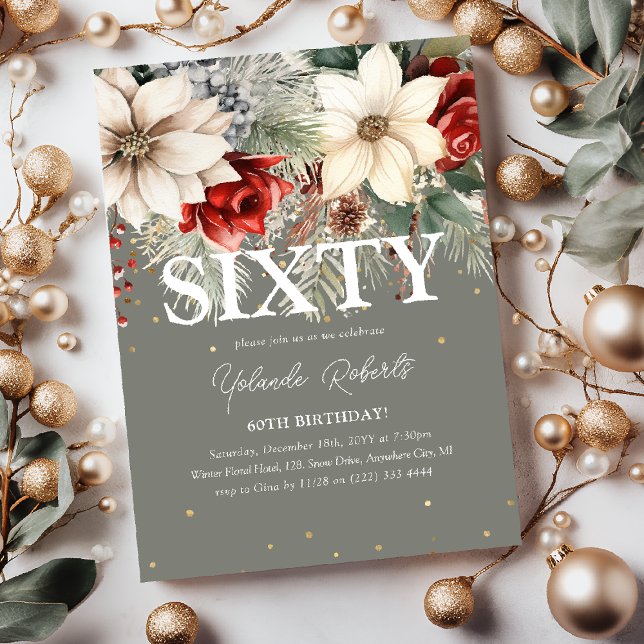 Festive Winter Florals 60th Birthday Invitation (Creator Uploaded)