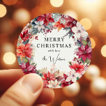 Festive Winter Florals Christmas  Classic Round Sticker<br><div class="desc">Elegant Christmas Stickers featuring winter florals - poinsettias,  in rich shades of red,  burgundy,  creams and ivory,  festive berries and lush greenery. All text is easy to customize.</div>