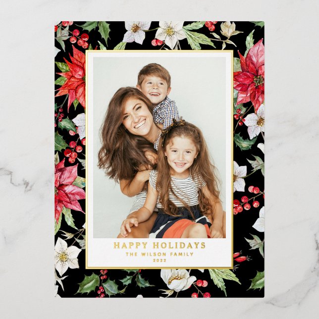 Festive Winter Flowers Pattern Black Photo Foil Holiday Postcard (Front)
