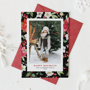 Festive Winter Flowers Pattern Black Photo Holiday Card