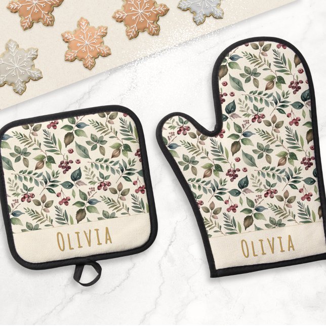 Festive Winter Greenery Personalized Christmas Oven Mitt & Pot Holder Set (A personalized oven mitt and pot holder set, with Christmas botanical pattern of leaves and berries)