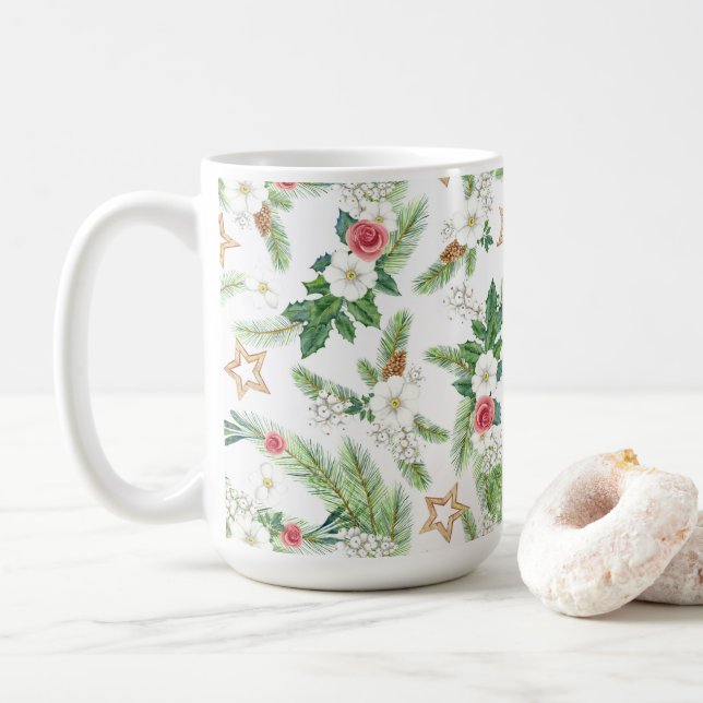 Festive Winter Holiday Botanicals Coffee Mug (With Donut)