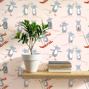 Festive Winter Holiday Mice Pink Wallpaper