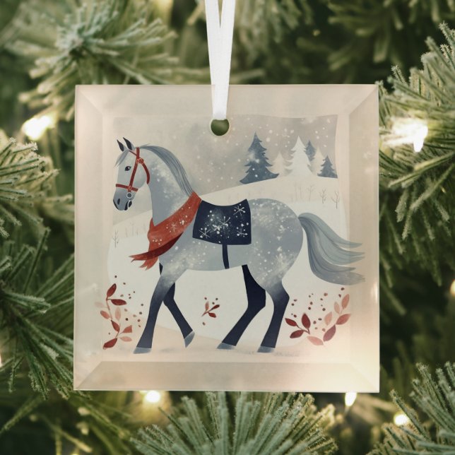 Festive Winter Horse Equestrian Christmas Glass Ornament (Insitu)