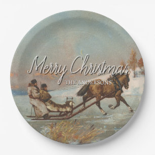 Festive Winter Horse Sleigh Ride Scene Paper Plate