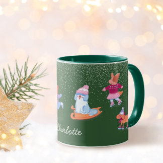 Festive Winter Iceskating Dogs Xmas Green Name Mug