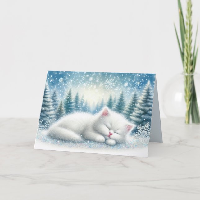 Festive Winter Landscape With White Cat Christmas Card (Front)