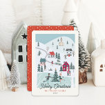 Festive Winter Merry Christmas Town/Village Holiday Card<br><div class="desc">This cute Christmas holiday card features a Christmas town/village with people, houses, a church, trees, a car with a christmas tree on top, and a skating rink. The reverse side features a red background with white snow patterns. Personalize it for your needs. You can find matching products at my store....</div>