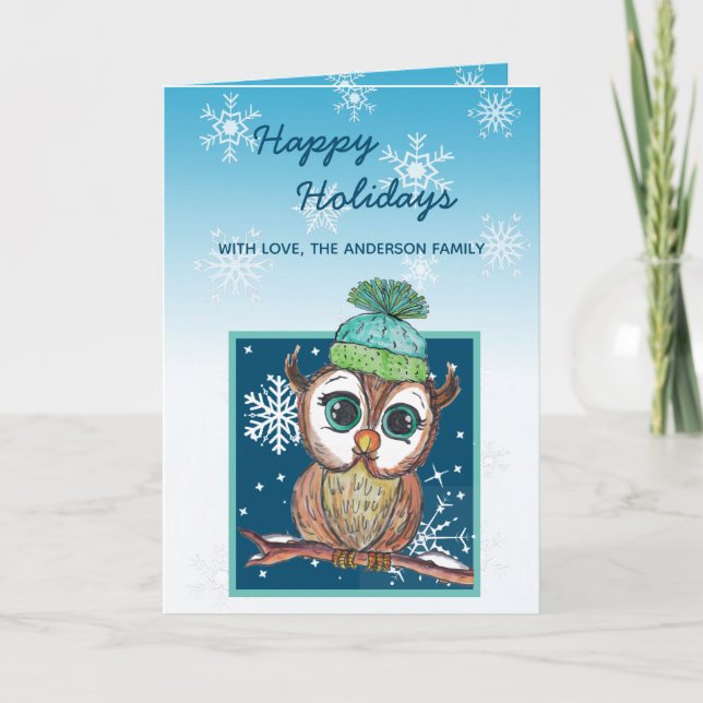 Festive Winter Owl Happy Holidays Card (Front)