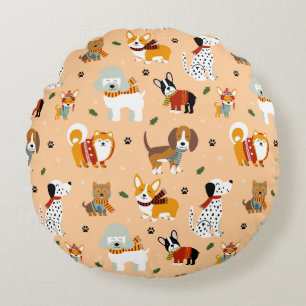Festive Winter Puppy Scarves Round Pillow