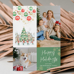 Festive Winter Scene Happy Holidays Green 2 Photo Holiday Card