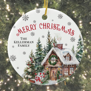 Festive Winter Watercolor Christmas Ceramic Ornament