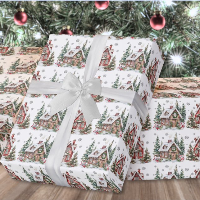 Festive Winter Watercolor Christmas Wrapping Paper (Festive Winter Cabin Watercolor Christmas Wrapping Paper )