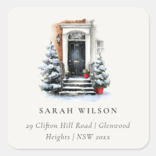 Festive Winter Watercolor Front Door Address Square Sticker