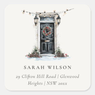 Festive Winter Watercolor Front Door Address Square Sticker