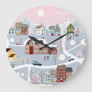 Festive Winter Wonderland: Nighttime Cityscape Large Clock