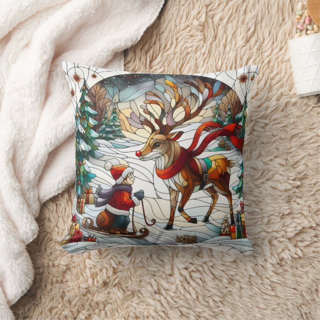 Festive winter wonderland with a joyous reindeer throw pillow (Blanket)