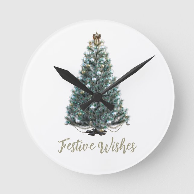 Festive Wishes. Christmas tree design Round Clock (Front)