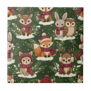 Festive Woodland Animal in Green Tile