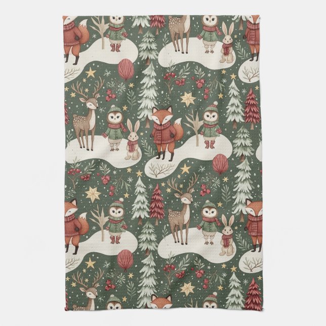 Festive Woodland Nature Winter Pattern Kitchen Towel (Vertical)