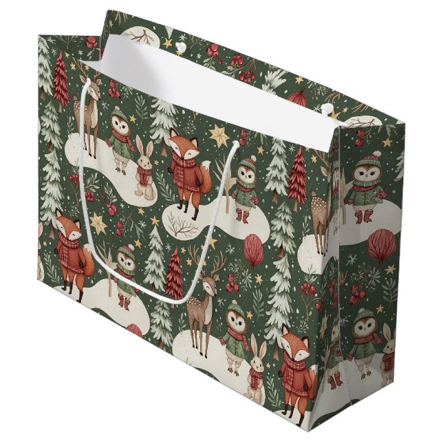 Festive Woodland Nature Winter Pattern Large Gift Bag (Front Angled)