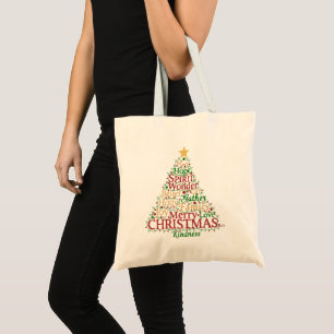 Festive Word Art Christmas Tree   Peace Hope Joy  Tote Bag