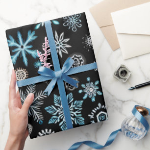Festive Wrap Wonderland 'Blue Snowflakes on Black' Wrapping Paper