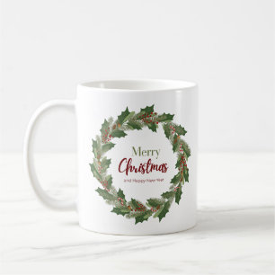 Festive Wreath and Script Merry Christmas Mug