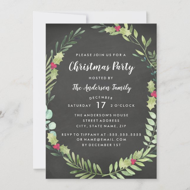 Festive Wreath Chalkboard Christmas Party Card (Front)