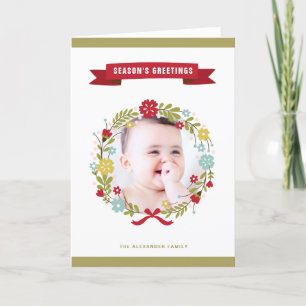 Festive Wreath Circle Photo Season's Greetings Holiday Card