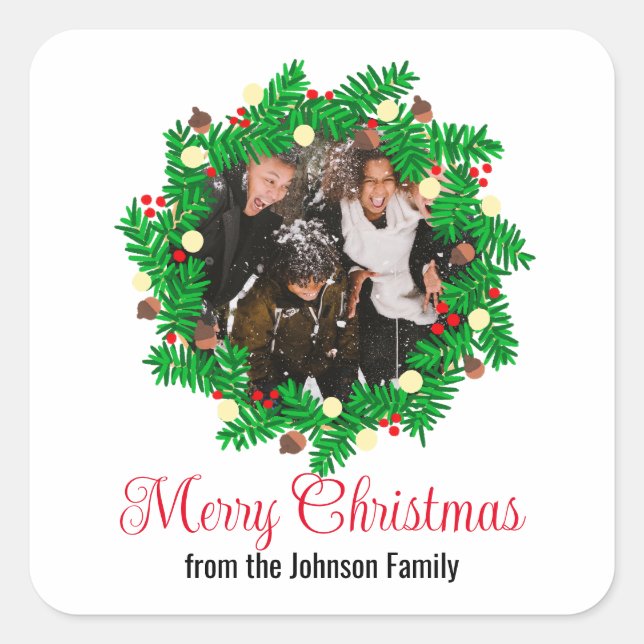 Festive Wreath Custom Photo Merry Christmas Square Sticker (Front)