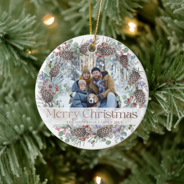 Festive Wreath Merry Christmas & Photo Ceramic Ornament (Tree)