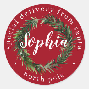Festive Wreath Name Classic Round Sticker