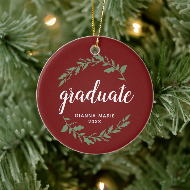 Festive Wreath Personalized Graduation Keepsake Ceramic Ornament (Tree)