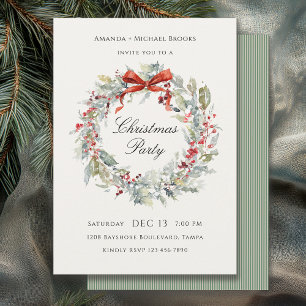 Festive Wreath Red Bow Christmas Party Invitation