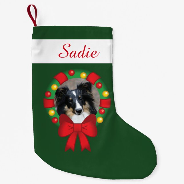 Festive Wreath With Personalized Photo And Name Small Christmas Stocking (Front)