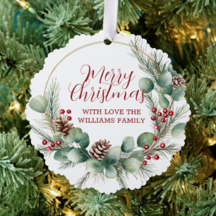 Festive Wreath with Red Berries and Eucalyptus  Ornament Card