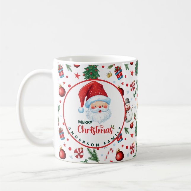 Festive Xmas Pattern Family Name Merry Christmas Coffee Mug (Left)