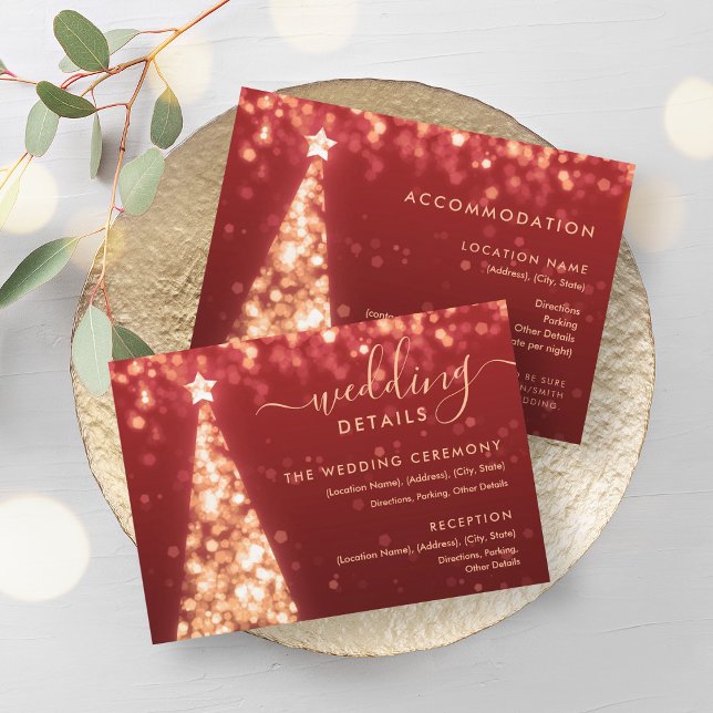 Festive Xmas Tree Gold Red Wedding Details Card (Festive Xmas Tree Gold Red Wedding Details Card)