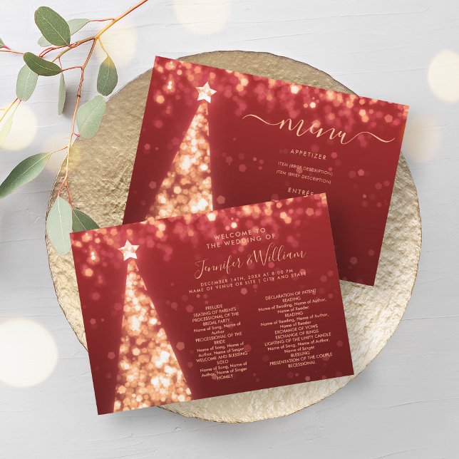 Festive Xmas Tree Gold Red Wedding Menu Program (Festive Xmas Tree Gold Red Wedding Menu Program)