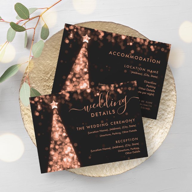 Festive Xmas Tree Rose Gold Wedding Details Card (Festive Xmas Tree Rose Gold Wedding Details Card)