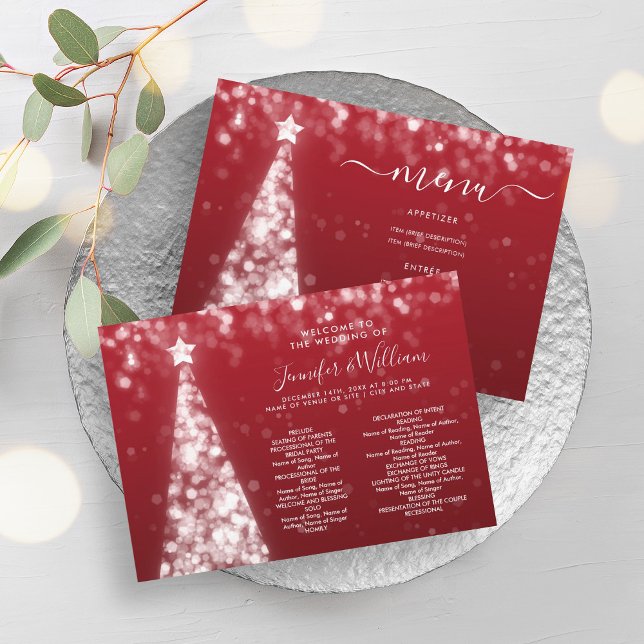 Festive Xmas Tree Silver Red Wedding Menu Program (Festive Xmas Tree Silver Red Wedding Menu Program)