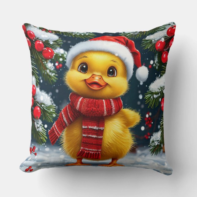 Festive Yellow Duckling in Santa Hat Throw Pillow (Front)