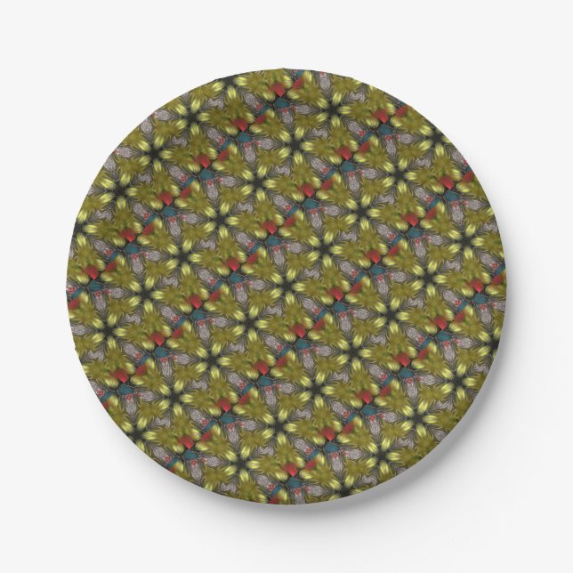 Festive Yellow Golden Kaleidoscope Star Pattern Paper Plate (Front)