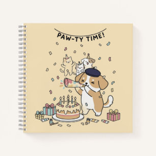 Festive Yellow Playful Dog Cartoon Celebration Notebook