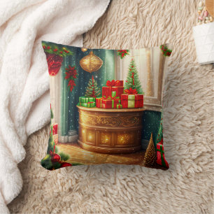 Festively decorated room, traditional Christmas Throw Pillow