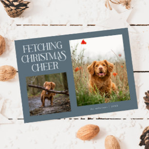 Fetching Christmas Cheer Slate Blue Dog Photo Holiday Card